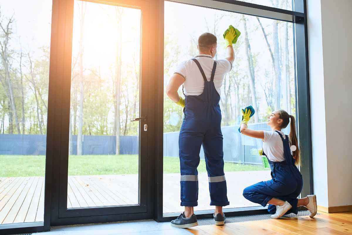 Two individuals cleaning windows in front of a large glass door, highlighting the importance of professional window cleaning services. 